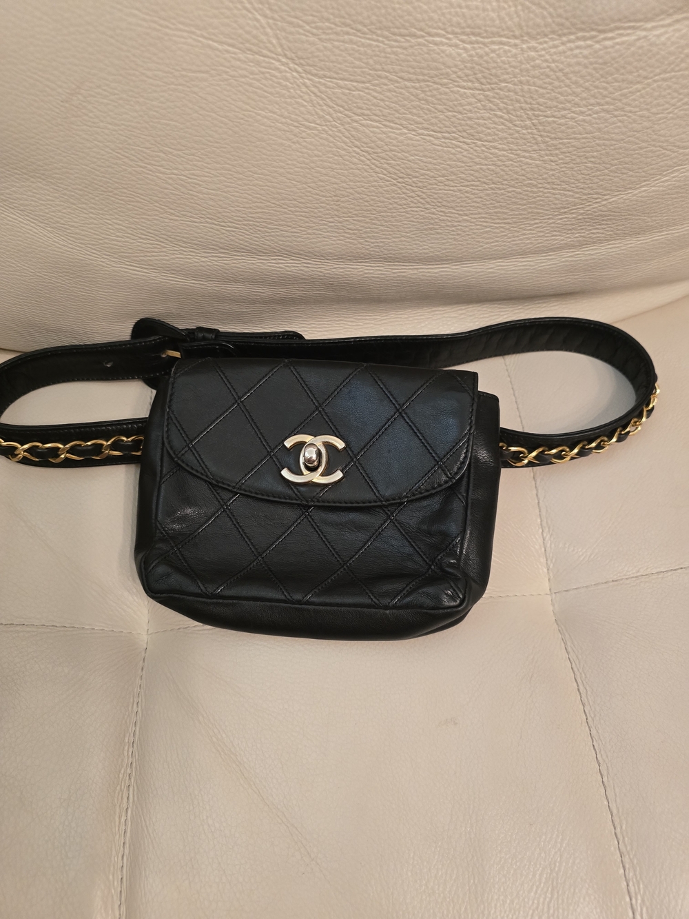 Chanel Black Lambskin Leather Belt Bag with Gold Chain & COA
